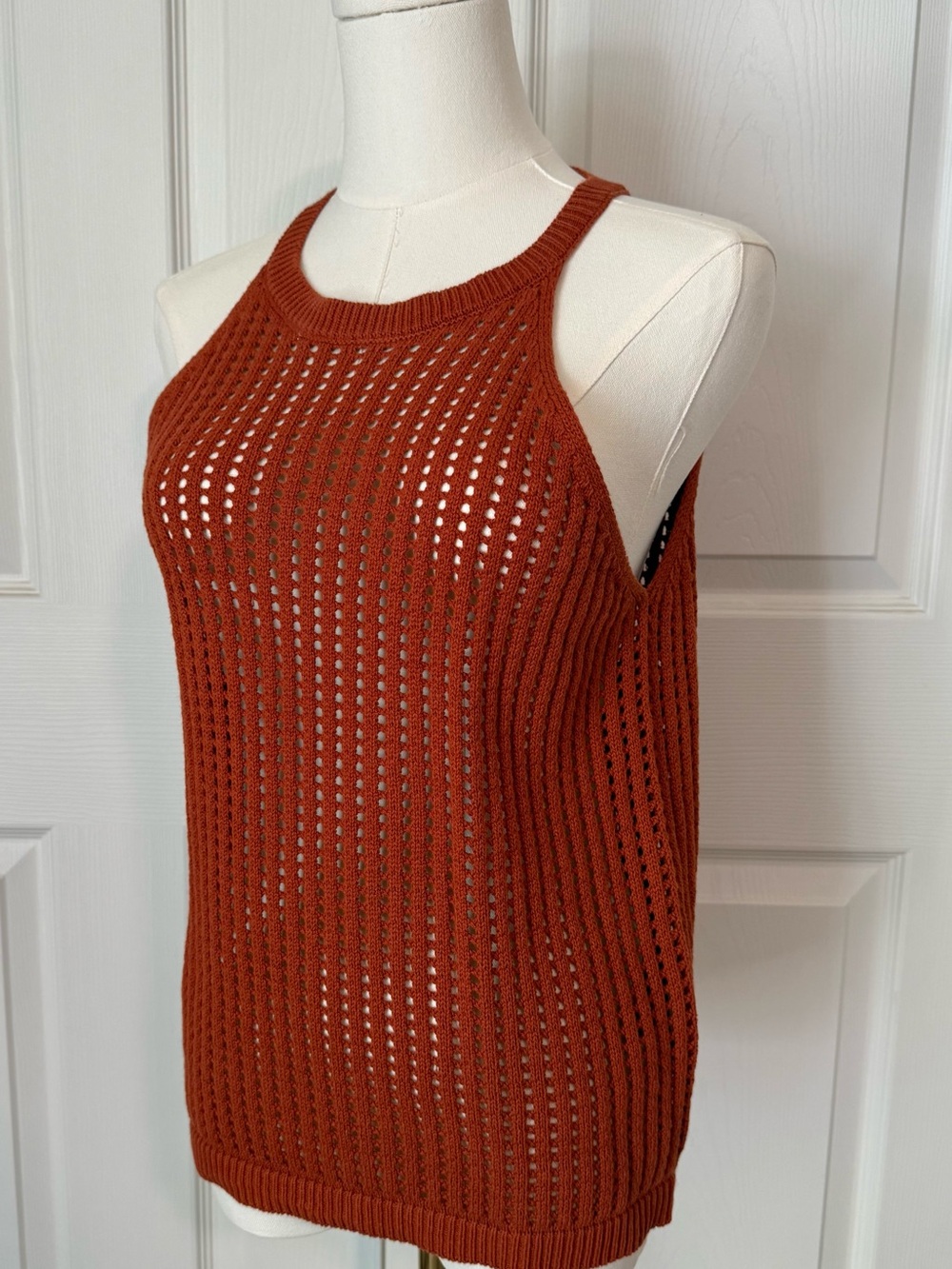 Halogen Open-Knit Sleeveless Tank in Rust Orange